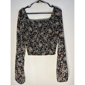 Lulu's Black Puff Sleeve Sheer Floral Blouse Size L Cottagecore Romantic